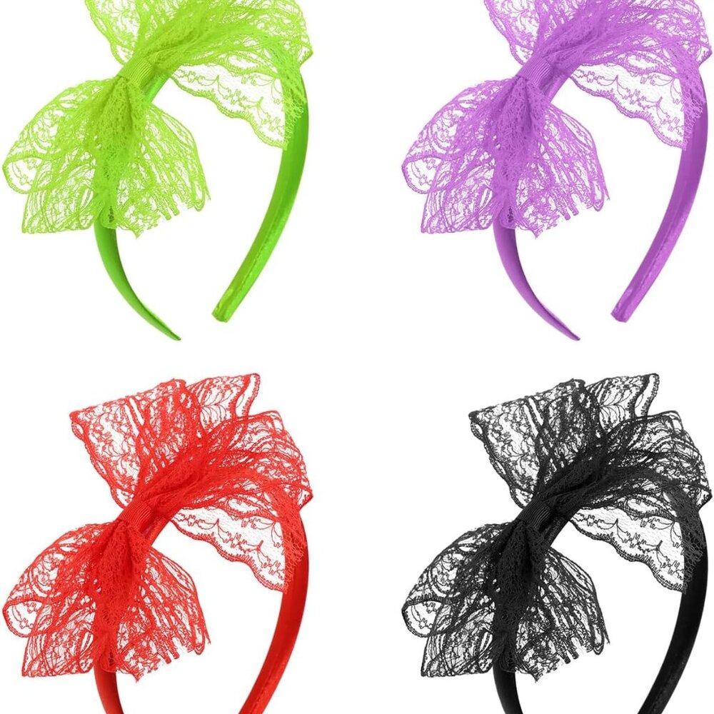 80s Lace Headbands 4Pcs Vintage No Headache Neon Bowknot Headband for Women Girl